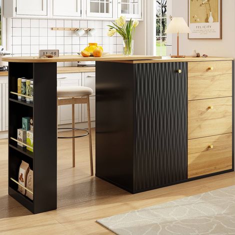 Table de bar extensible et pivotante à 360° 138-204 x 39 x 104 cm noire, 3 tiroirs et rangements, MDF effet bois