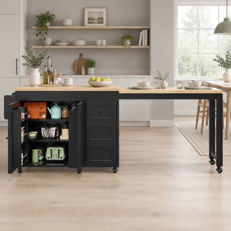 Meuble de cuisine extensible avec rangements, 116–179,5 cm, 3 tiroirs, roulettes, noir OKMYHOME (1/5)