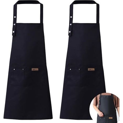 2-Piece Adjustable Apron with Pockets, Chef Apron for Men and Women, Kitchen Apron for Cafe, BBQ, Garden, Restaurant, Family Cooking, Waiters (Black) (1/5)
