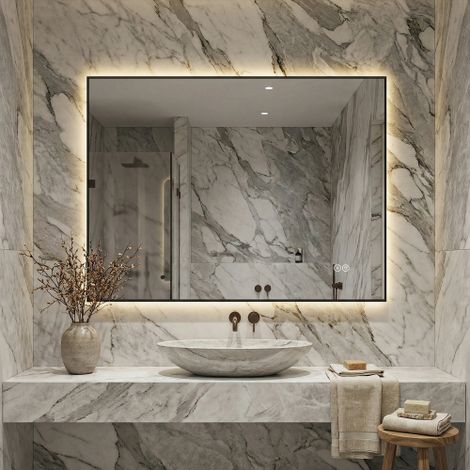 Specchio da bagno a LED 60x80 cm con cornice in alluminio, retroilluminato, antiappannamento, 3 colori di luce, dimmerabile in modo continuo, funzione memoria, specchio argentato senza rame da 5 mm (1/5)