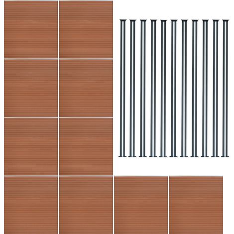 Pannelli Recinzione x10 + 11 Pali LED Alluminio Marrone Effetto Legno PVC 185x1737cm Recinzione da Giardino Esterno Patio Privacy con Illuminazione Solare