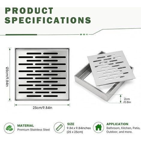 Siphon de Sol Acier Inoxydable Couvercle Drainage Siphon de Sol grille d'évacuation d'eau Carré Douche intérieur extérieur 250X250X20 mm (1/4)