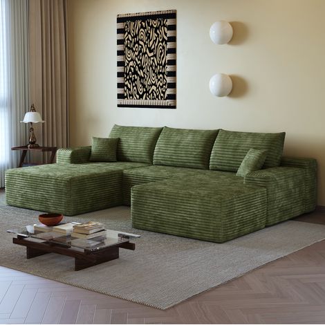 Sofá esquinero modular de 270 cm con chaise longue reversible, no requiere montaje, tejido acanalado verde. (1/5)