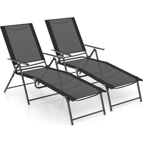 Set di 2 lettini prendisole pieghevoli 156-189 x 64 x 65-102 cm con schienale regolabile e tessuto traspirante in metallo nero 200011302