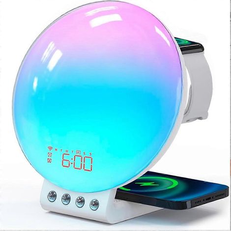 Réveil intelligent simulant le lever du soleil, base de chargement sans fil, aide au sommeil par bruit blanc contrôlée par application, lumières de jour et de coucher du soleil, prise standard europée (1/5)
