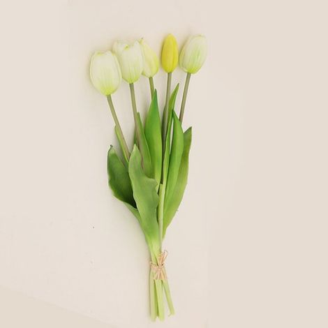 5 piezas de tulipanes artificiales, Flores artificiales, Blanco y verde, Flores falsas, Ramo de flores artificiales, 40 CM, Flores de seda (1/5)