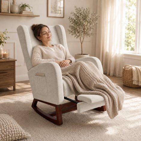 Fauteuil à Bascule, Rocking Chair jambes Réglable, Accoudoir avec Poche de rangement , Pieds en Bois Massif, Lin Beige