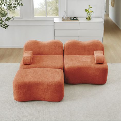 Sofá modular 2 plazas de terciopelo naranja con otomana, forma ondulada, sin montaje (1/5)