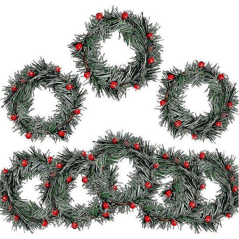 8 anneaux de bougie en forme de petites baies de houx artificielles rouges et aiguilles de pin pour guirlande de Noël et décorations. (1/4)