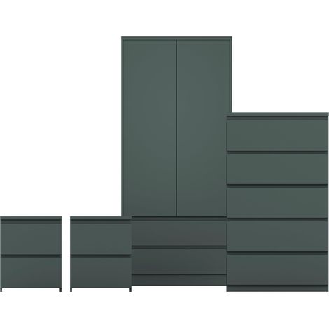Denver 4 Piece Bedroom Set (2 Drw Bedside Chest, 5 Drw Chest, 2 Door 2 Drw Wardrobe), Green (1/4)
