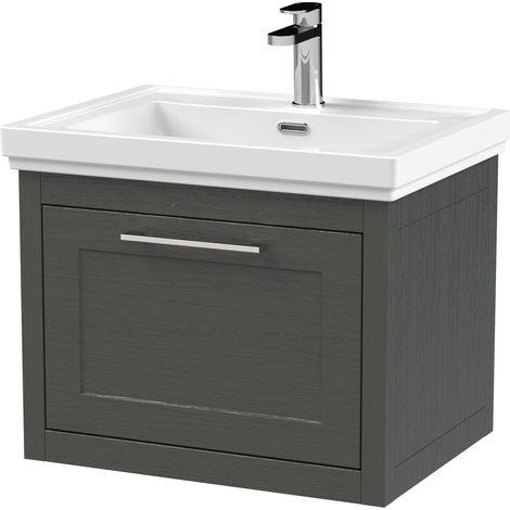 Blithbury Traditional Bathroom Wall Hung 1 Drawer Vanity Unit and 1 Tap Hole Fireclay Basin, 600mm, Woodgrain Dark Grey (1/2)