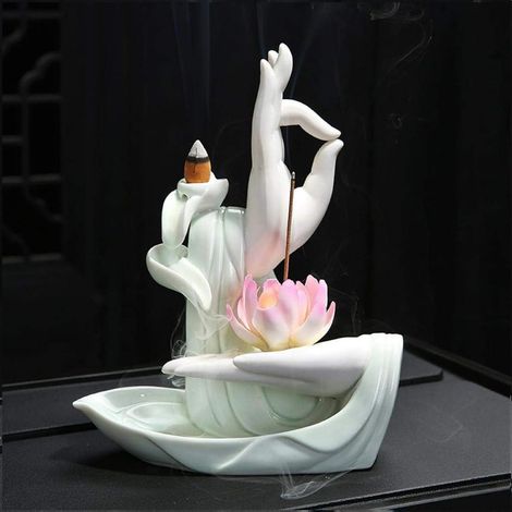 Brûle-encens à refoulement en céramique - 1 pièce avec 10 cônes - Design Lotus - Effet cascade de fumée - Pour méditation et décoration intérieure - Couleur au choix (1/5)