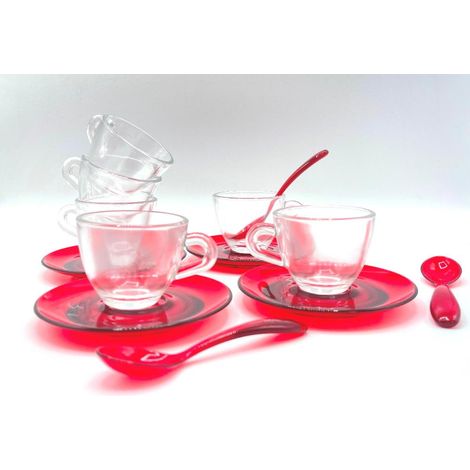 Set 6 Tazze Tazzine caffe' in vetro con piattini e cucchiaini in plastica rosso (1/2)