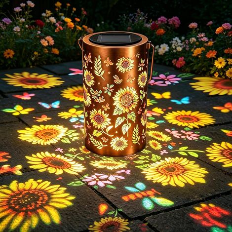 Bunte Solar-Gartenlaterne, dekorative Hängelampe in Sonnenblumenform, IP65 wasserdicht, Retro-LED-Solarlampe aus Metall für Balkon, Terrasse, Büro, Garten, Camping, warmweißes Licht, 1 Stück (1/5)