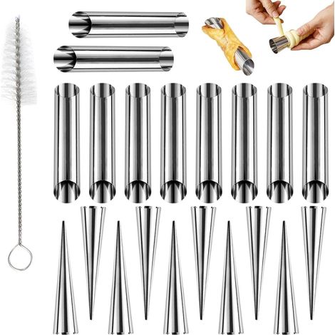 Set di 21 stampi per cannoli in acciaio inox - Tubi per cannoli - Stampo per croissant e rotoli di crema - Stampi per pasticceria con spazzolino per la pulizia - Accessori per la cottura dei cannoli (1/5)