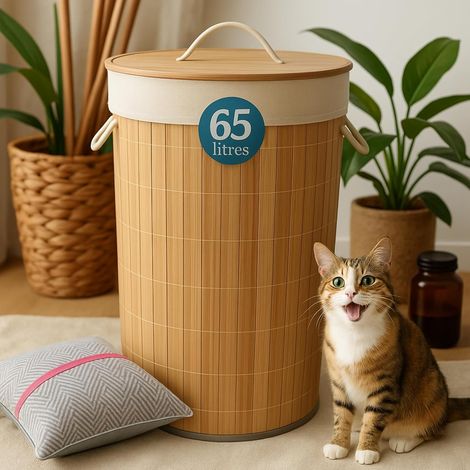 Panier à linge bambou avec couvercle, pliable, filet machine inclus, design compact et décoratif