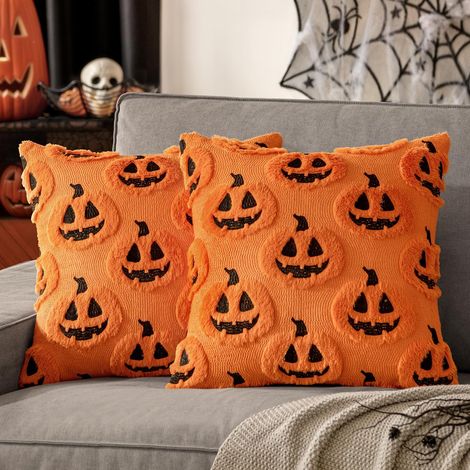 Taie d'oreiller à motif citrouille d'automne (45 x 45 cm, 2 pièces) - Décoration d'Halloween - Taie d'oreiller fantôme (1/5)