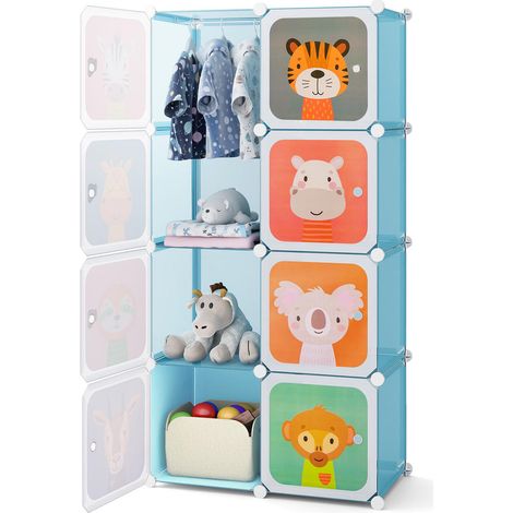 Armoire enfant 8 cubes avec penderie, portes bleues et rangement modulable pour chambre d'enfant (1/5)