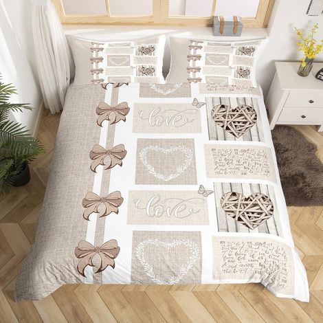 Housse De Couette Microfibre 240x260cm Kaki Blanc Parure De Lit Love Heart pour Femme Et Couples Amoureux (1/5)