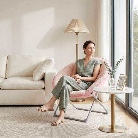 Fauteuil lunaire pliable en laine de mouton, moelleux et portable, rose, idéal pour chambre, dortoir, appartement, salon de détente, jardin et cour (1/4)