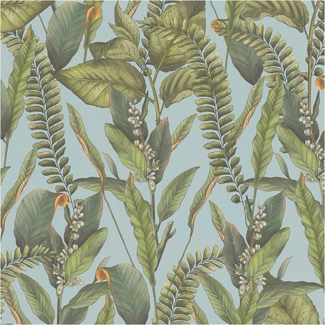 Flowers wallcovering wall Profhome 394133 hot embossed non-woven wallpaper slightly textured with jungle elements matt blue green orange 5.33 m2 (1/5)
