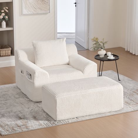 Sillón oversize - sofá de una plaza - 147 x 110 x 67 cm para salón/dormitorio, pana, reposapiés regulable y bolsillos laterales - beige