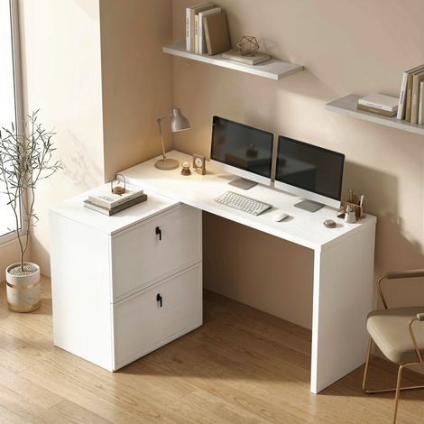 Blanc - Bureau réversible en forme de L doté de 2 tiroirs à dossiers Design moderne pour petits espaces Bureau (1/4)