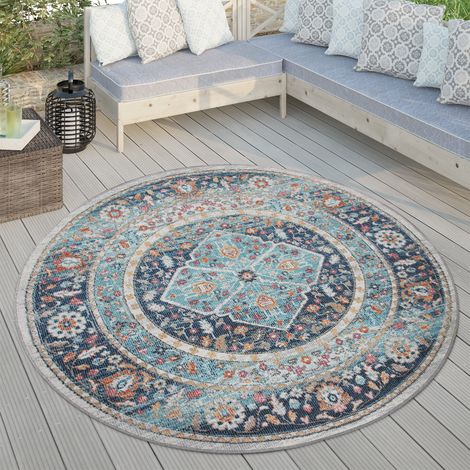 Paco Home Outdoor Teppich Rund, Balkon Wohnzimmer Küchenteppich Vintage Orientalisch Modern Pastell, versch. Farben Ø 160 cm Rund, Blau 3