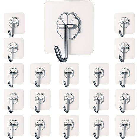 Ganchos de pared autoadhesivos - paquete de 20, sin clavos, ganchos con adhesivo fuerte, cuelgan objetos pesados sin taladrar (20 ganchos). (1/5)
