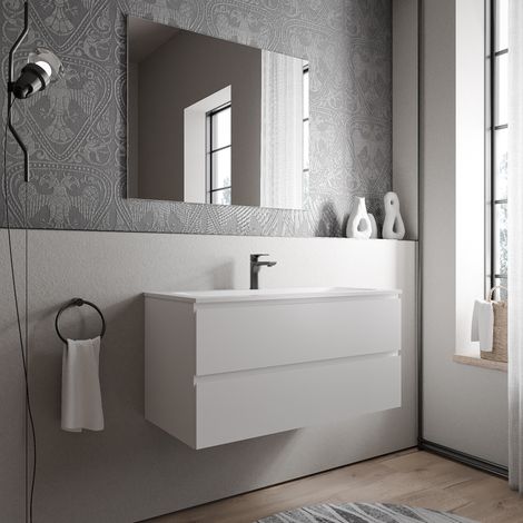 BERNSTEIN - Mobile lavabo sospeso MDF bianco opaco, lavabo Ghisa bianco opaco + foro rubinetto - 100x46x50cm - AVA BRUSSELS	Bianco opaco, Bianco opaco con foro rubinetto