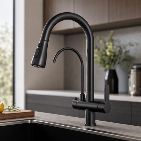 Robinet de cuisine 304 inoxydable noir, mitigeur extensible avec douchette, 3 modes jet et eau filtrée, pivotant 360° (1/5)
