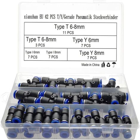 42 Stück pneumatische Fittings T/Y/I, gerader Typ, Schnellverbinder, Druckluft, 6 mm/8 mm, Kompressor-Fitting, mit Box..DEBUNS (1/5)