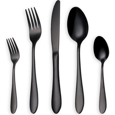 Ensemble de couverts noir brillant, set de 5 pièces de cuillères et couteaux en inox pour 6 couverts, service de table élégant (noir, 1 pack) (1/5)