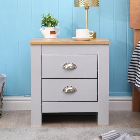 FURNITURE HMD Grey 2 Drawers Bedside Table End Table (1/4)