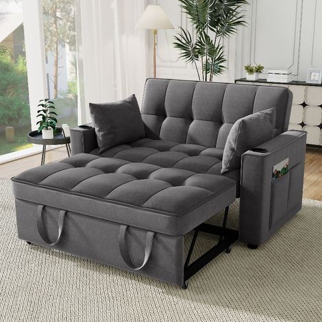 Schlafsofa 2 Sitzer mit Schlaffunktion und Getränkehalter, 137x76,5x83cm, klappbares Multifunktionssofa aus Samt für Wohnzimmer und Heimkino (1/5)