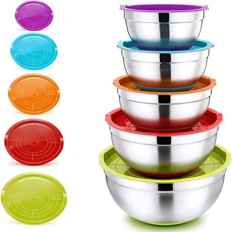 Salatschüssel - Rührschüssel Edelstahl - 5-teiliges Set mit Deckel und rutschfester Silikonbasis - Durchmesser 18 20 22 24 26 cm