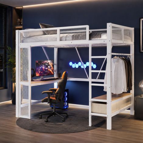 DESMIU Lit mezzanine 2 places avec bureau, 3 tiroirs, USB et LED réglable 140 × 200 cm, sans matelas, blanc (1/5)