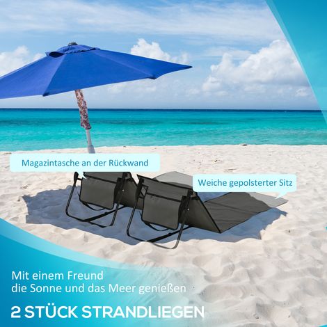 Lot de deux tapis de plage pliables type transat réglables, cadre acier tissu Oxford livré avec sac de transport dimensions 142 x 51 x 40 cm