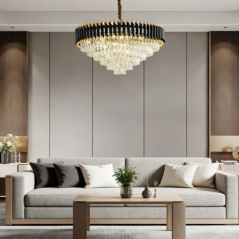 Großer Luxus-Kristall-Kronleuchter Schwarz-Gold Ø 95 cm, Mehrlagige Hängeleuchte mit 3 Lichtfarben, Designer-Lampe für große Räume