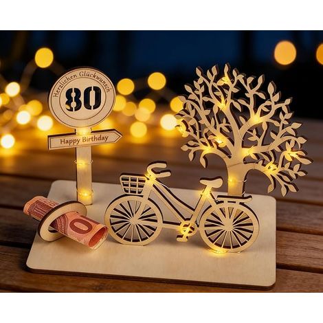 Regalo di compleanno in legno per l'80° compleanno con bicicletta a LED e albero della vita (1/4)
