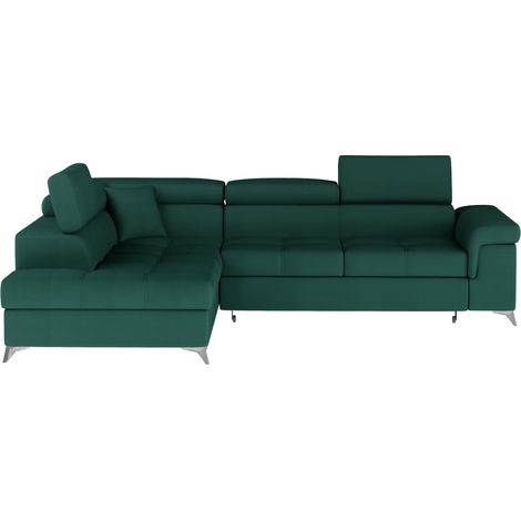 Canapé d'angle convertible velours MARIDO - Coffre et appuis-tête réglables-Vert sapin-angle gauche (1/5)