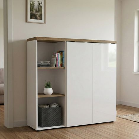 Armario Multiuso Belsito, 4 Estantes, 2 Puertas, Hecho en Italia, 6 Compartimentos, 120x115h cm Blanco Brillante (1/3)