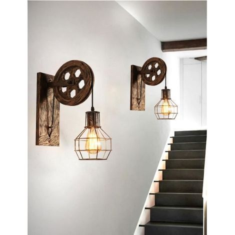 2PCS Lampe Murale Interieur Vintage en Roue Métal Applique Murale Industrielle Brun pour Couloir Cafe Bar (1/4)