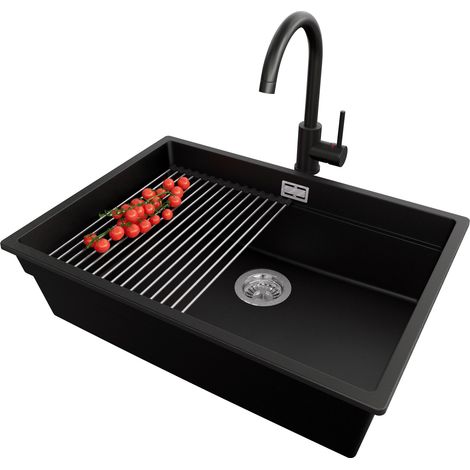 PRIMAGRAN Evier Sous Plan 66x47cm,Evier en Granit 1 bac + Robinet 32x20cm + Kit de Vidage + Égouttoir Enroulable, Évier au meuble 70cm - Prague, Noir (1/5)