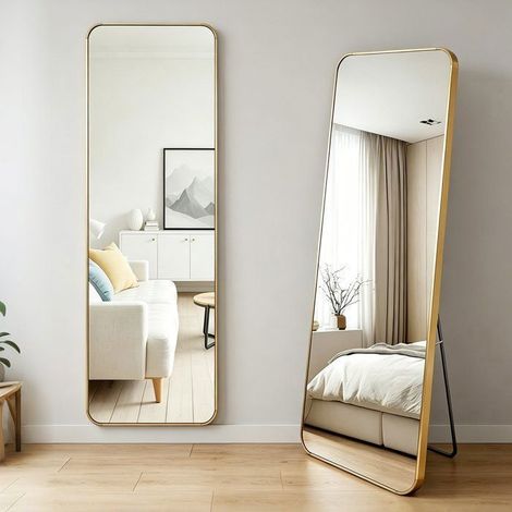 Wevalley Miroir sur Pied Pleine Longueur 140x35cm - Inclinable, Verre Trempé Anti-éclat, Moderne pour Chambre Dressing - Doré (1/5)