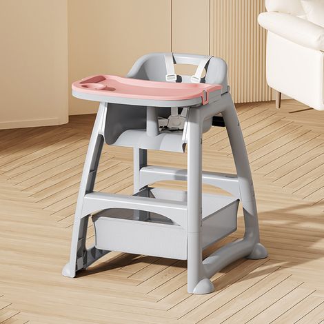 Babyhochstuhl mit 3 PP-Tabletts, 5-Punkt-Gurt, feststellbaren Rollen, grau HAVRYA (1/5)