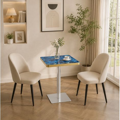 Mesa de comedor cuadrada 60 x 60 cm, tablero efecto mármol azul, estructura de metal HAVRYA (1/5)