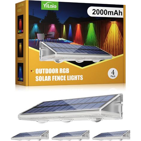 Lampes solaires de clôture d'extérieur, lampe murale solaire 2000 mAh, 7 couleurs et 8 modes d'éclairage, étanches IP67, lampes de clôture RGB pour mur de jardin, marches, patio (1/5)