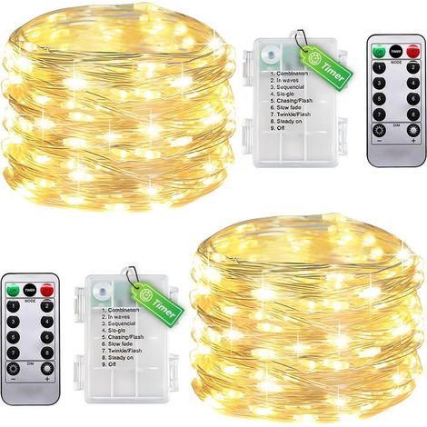 - Set di 2 illuminati ghirlande cablata per interno in pile, timer e telecomando - 5 m 50 LED bianco caldo - Piccole luci per la camera da letto, Natale, matrimonio (1/5)