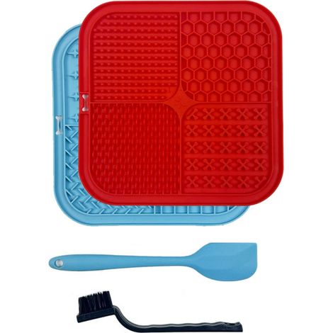 Tapis Lick - Tapis Ralentisseur Pour Chiens Et Chats - En Silicone Alimentaire - Avec Spatule Et Brosse - Bleu Rouge - 2 Pièces (1/5)